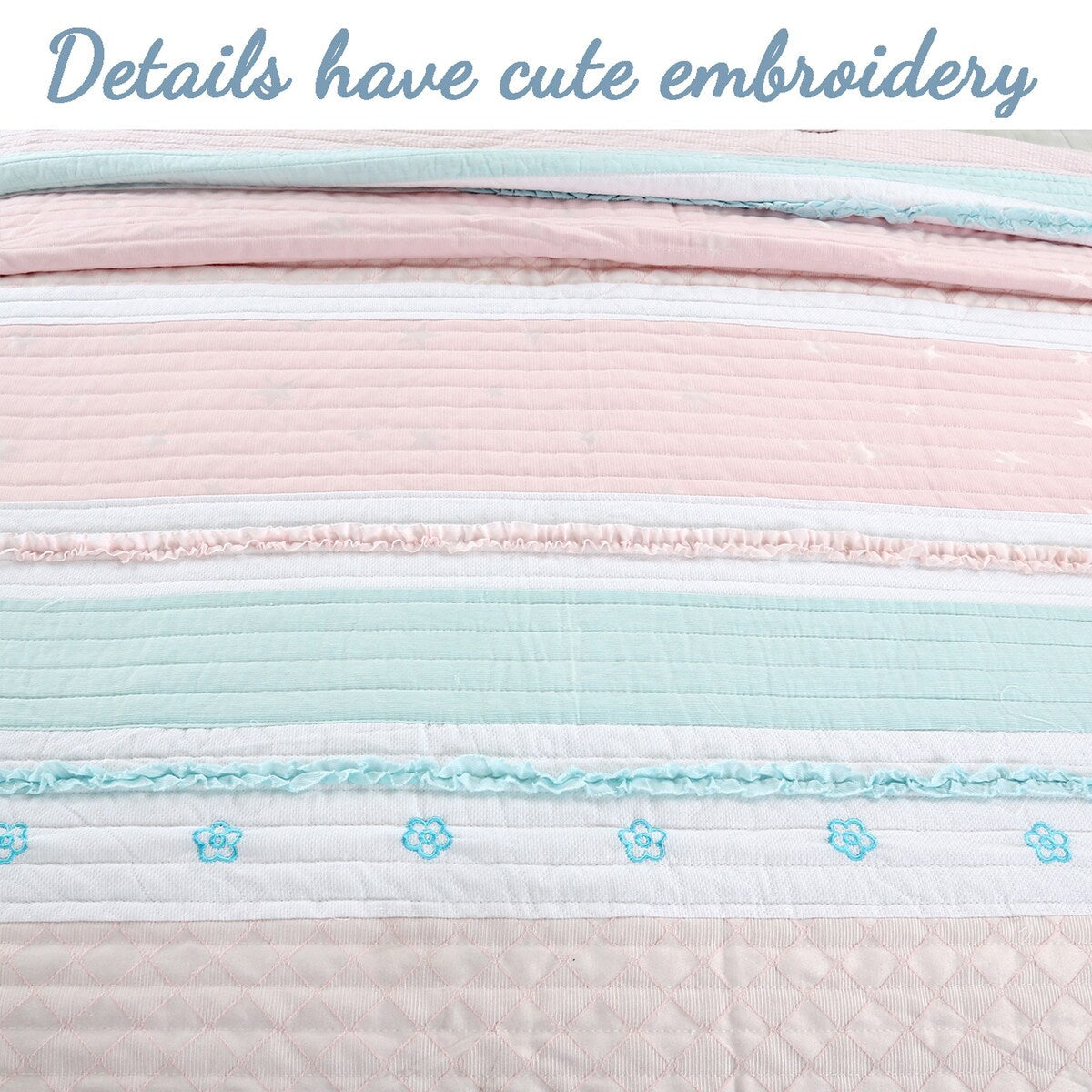 Cozy Line Home Fashions Pastel Stripped Star Ruffle Embroidered Floral Light Pink Peach Blue White Cotton Quilt Bedding Set