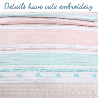 Cozy Line Home Fashions Pastel Stripped Star Ruffle Embroidered Floral Light Pink Peach Blue White Cotton Quilt Bedding Set