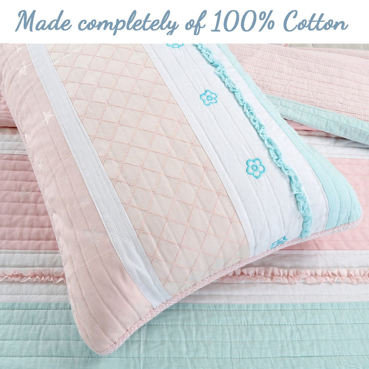 Cozy Line Home Fashions Pastel Stripped Star Ruffle Embroidered Floral Light Pink Peach Blue White Cotton Quilt Bedding Set