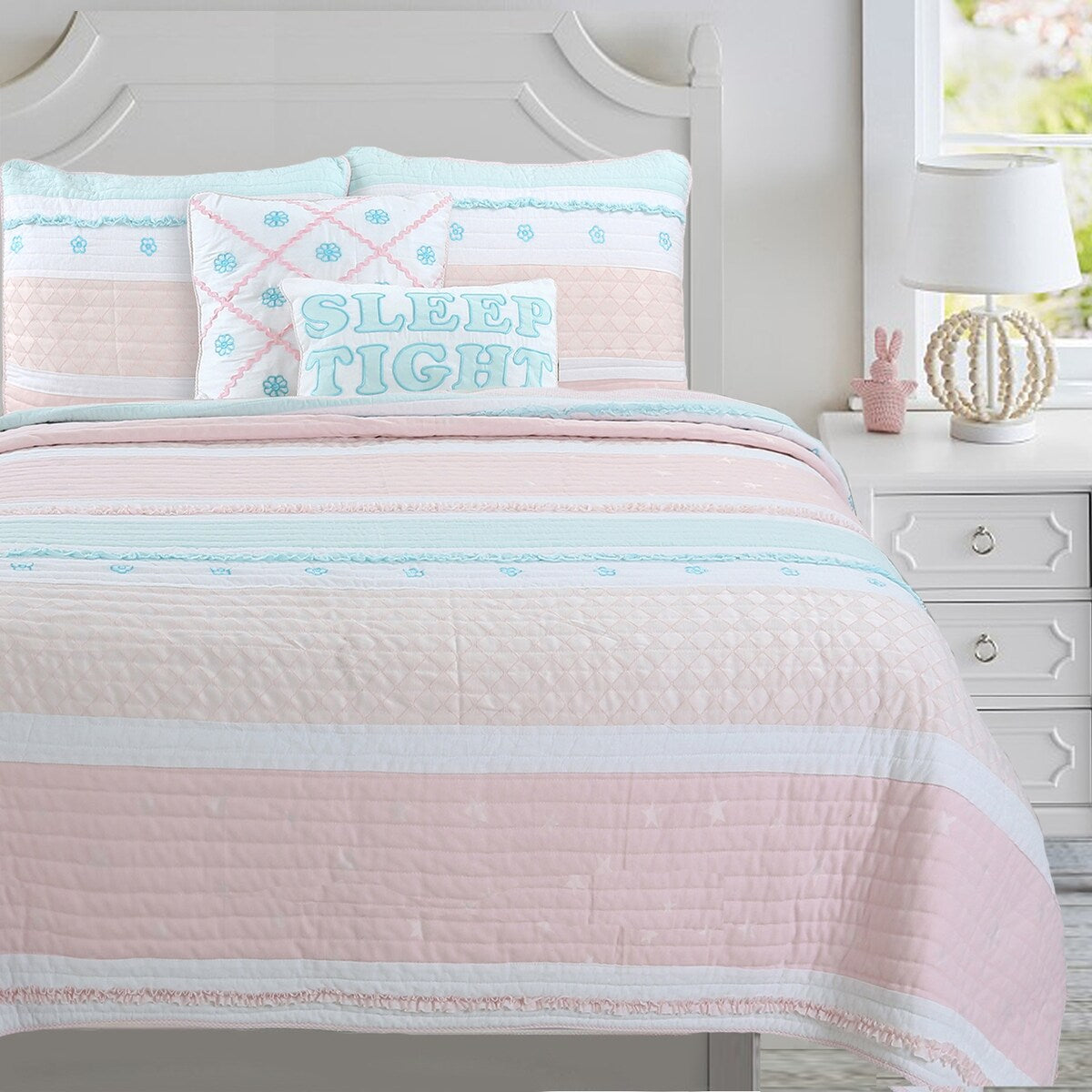 Cozy Line Home Fashions Pastel Stripped Star Ruffle Embroidered Floral Light Pink Peach Blue White Cotton Quilt Bedding Set