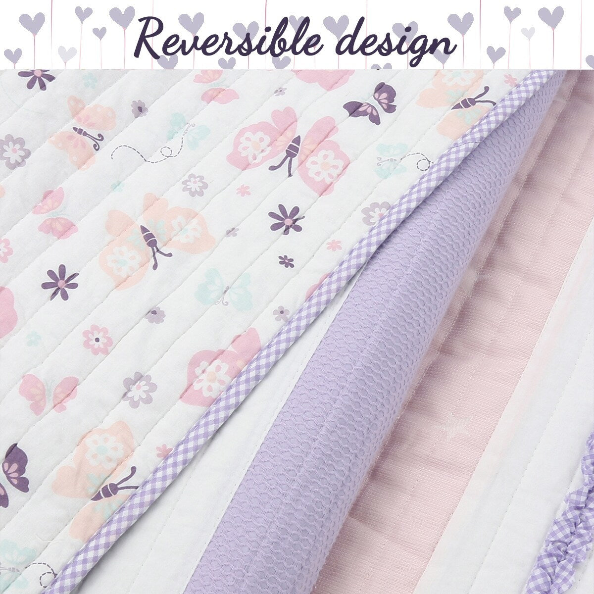 Cozy Line Home Fashions Stripped Floral Vine Star Butterfly Ruffle Embroidered Pink Purple Cotton Quilt Bedding Set