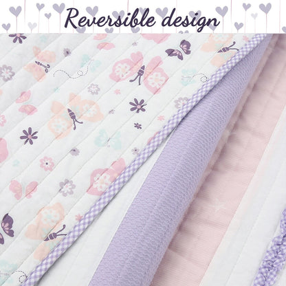 Cozy Line Home Fashions Stripped Floral Vine Star Butterfly Ruffle Embroidered Pink Purple Cotton Quilt Bedding Set