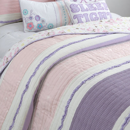 Cozy Line Home Fashions Stripped Floral Vine Star Butterfly Ruffle Embroidered Pink Purple Cotton Quilt Bedding Set