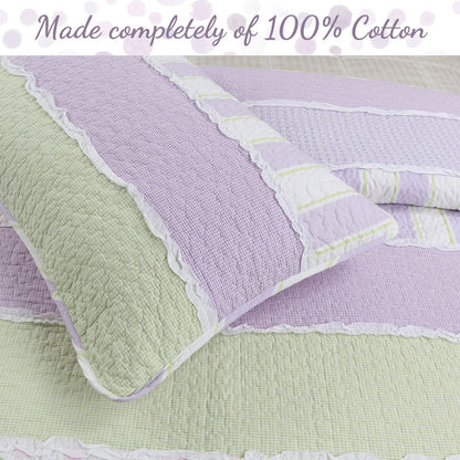 Cozy Line Lilac Purple Green Stripe Polka Dot Checker White Ruffle Patchwork Cotton Reversible Quilt Bedding Set