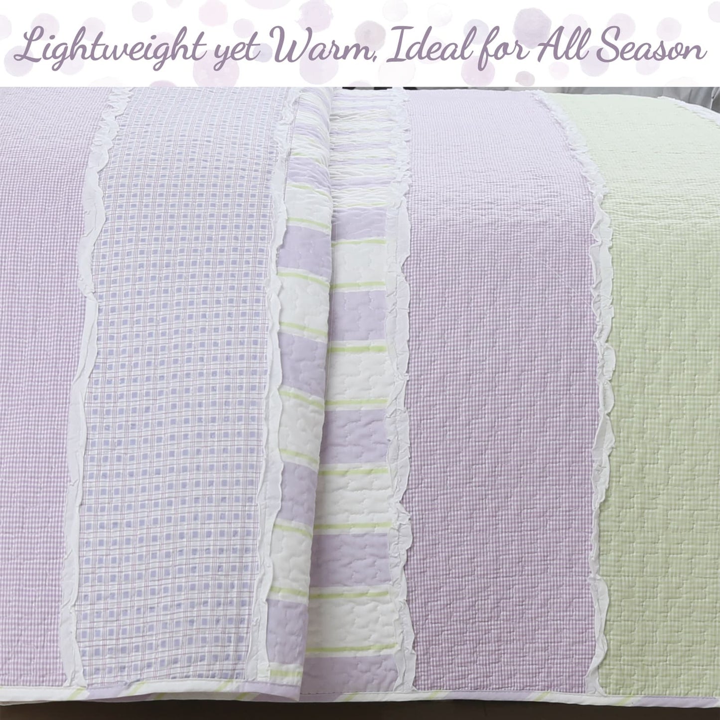 Cozy Line Lilac Purple Green Stripe Polka Dot Checker White Ruffle Patchwork Cotton Reversible Quilt Bedding Set