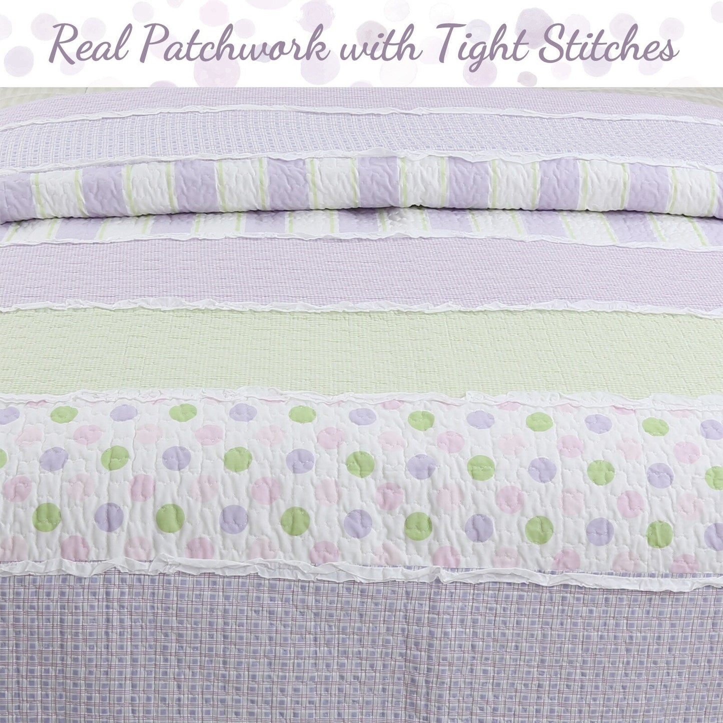 Cozy Line Lilac Purple Green Stripe Polka Dot Checker White Ruffle Patchwork Cotton Reversible Quilt Bedding Set