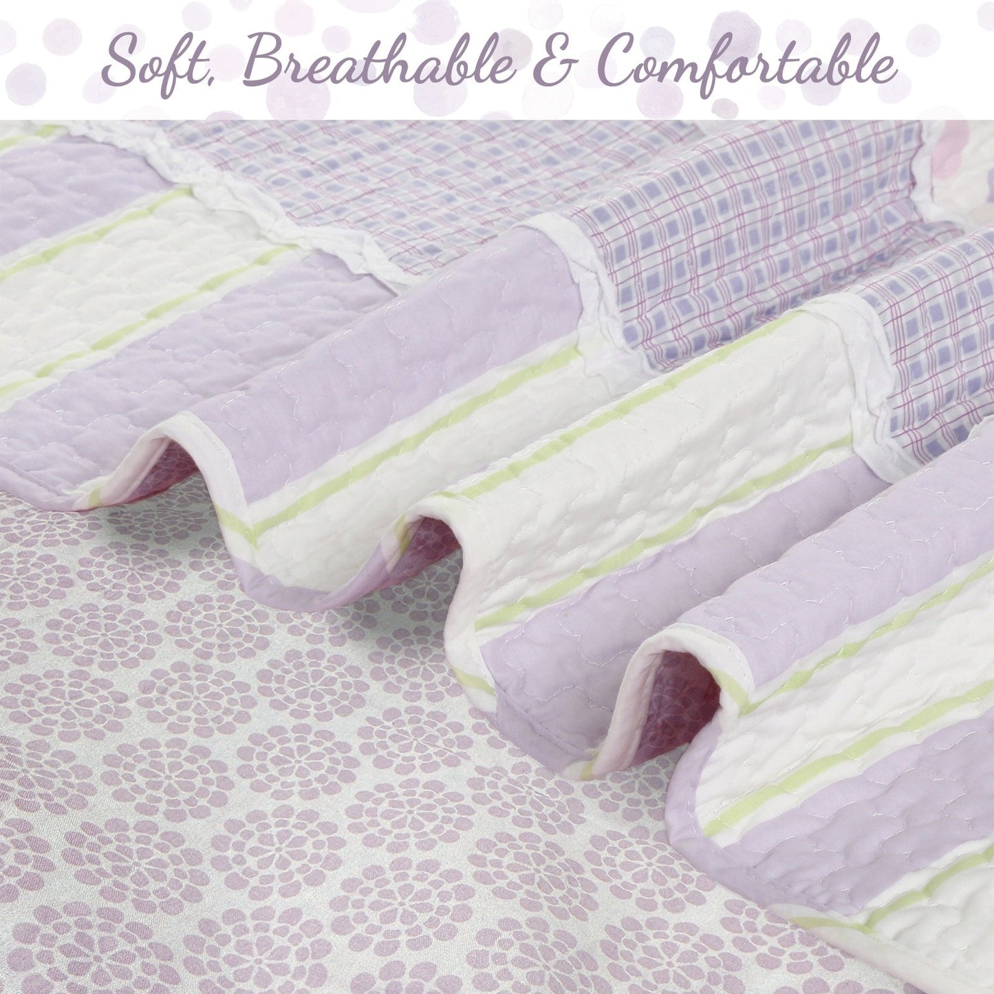 Cozy Line Lilac Purple Green Stripe Polka Dot Checker White Ruffle Patchwork Cotton Reversible Quilt Bedding Set