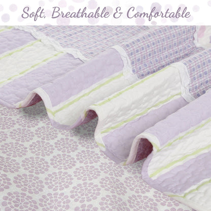 Cozy Line Lilac Purple Green Stripe Polka Dot Checker White Ruffle Patchwork Cotton Reversible Quilt Bedding Set