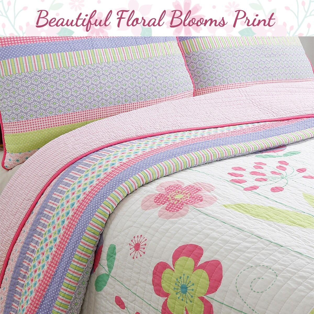 Cozy Line Pink Blossom Cotton Reversible Quilt Bedding Set With Decorative Pillows
