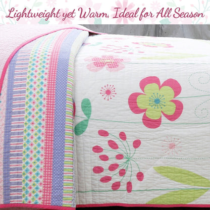 Cozy Line Pink Blossom Cotton Reversible Quilt Bedding Set With Decorative Pillows