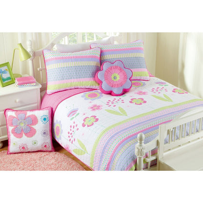 Cozy Line Pink Blossom Cotton Reversible Quilt Bedding Set With Decorative Pillows