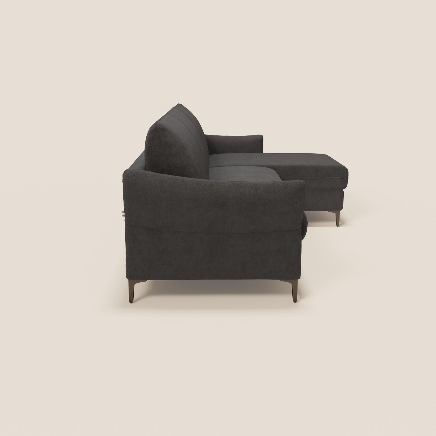 Dalia divano letto angolare con materasso alto 18 cm piedini alti e penisola contenitore in tessuto smacchiabile T17 antracite