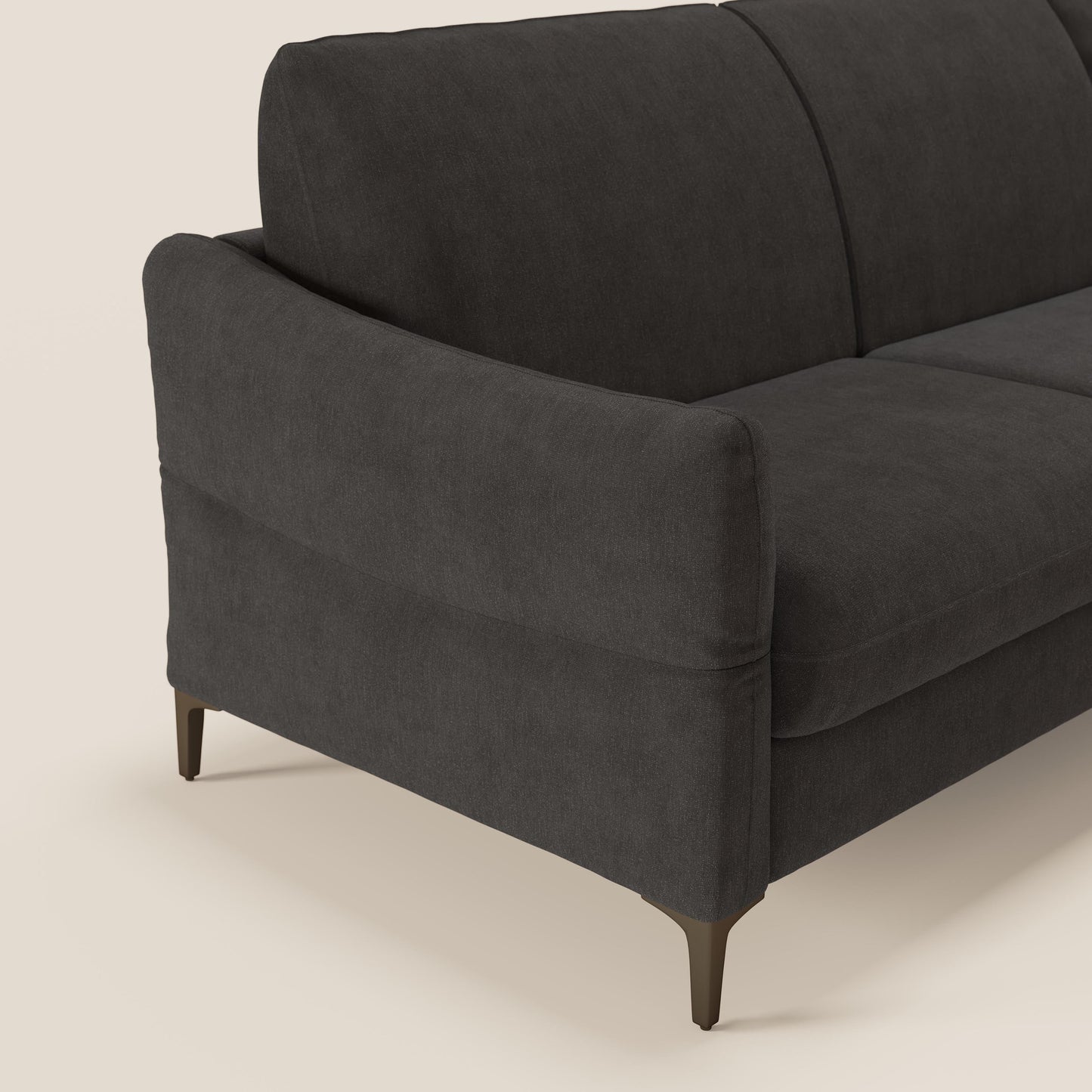 Dalia divano letto angolare con materasso alto 18 cm piedini alti e penisola contenitore in tessuto smacchiabile T17 antracite