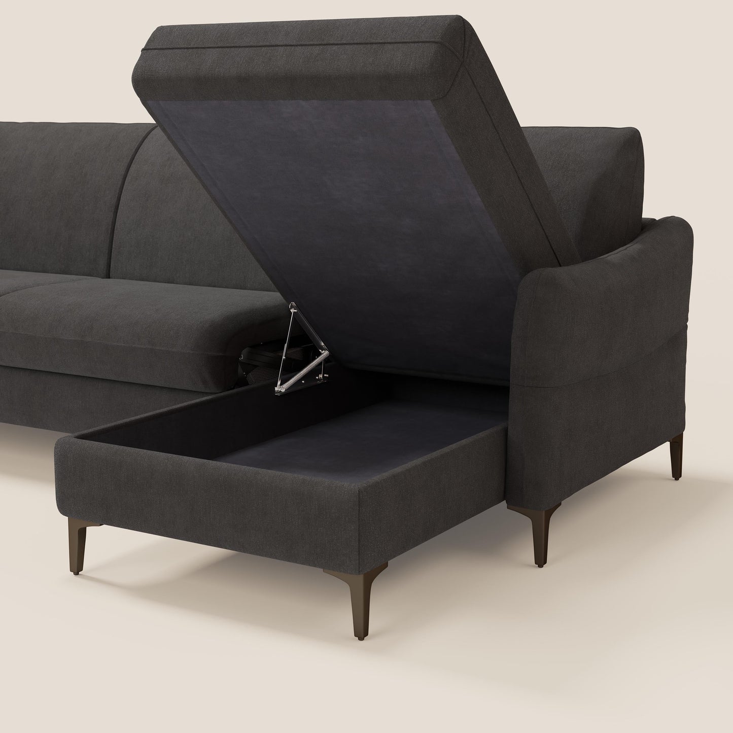 Dalia divano letto angolare con materasso alto 18 cm piedini alti e penisola contenitore in tessuto smacchiabile T17 antracite