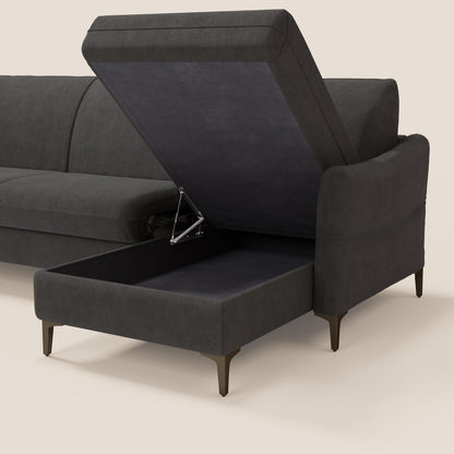 Dalia divano letto angolare con materasso alto 18 cm piedini alti e penisola contenitore in tessuto smacchiabile T17 antracite