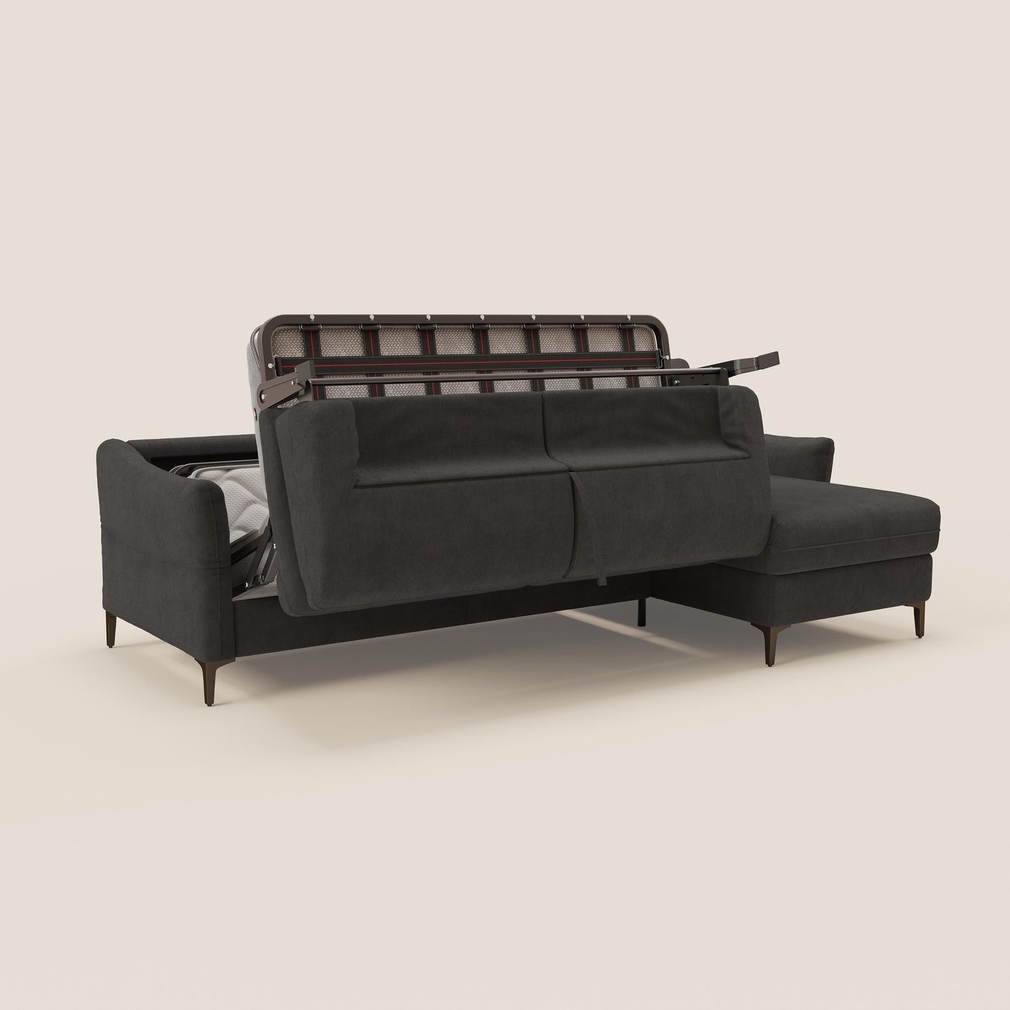 Dalia divano letto angolare con materasso alto 18 cm piedini alti e penisola contenitore in tessuto smacchiabile T17 antracite