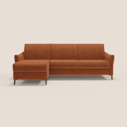 Dalia divano letto angolare con materasso alto 18 cm piedini alti e penisola contenitore in tessuto smacchiabile T17 arancio
