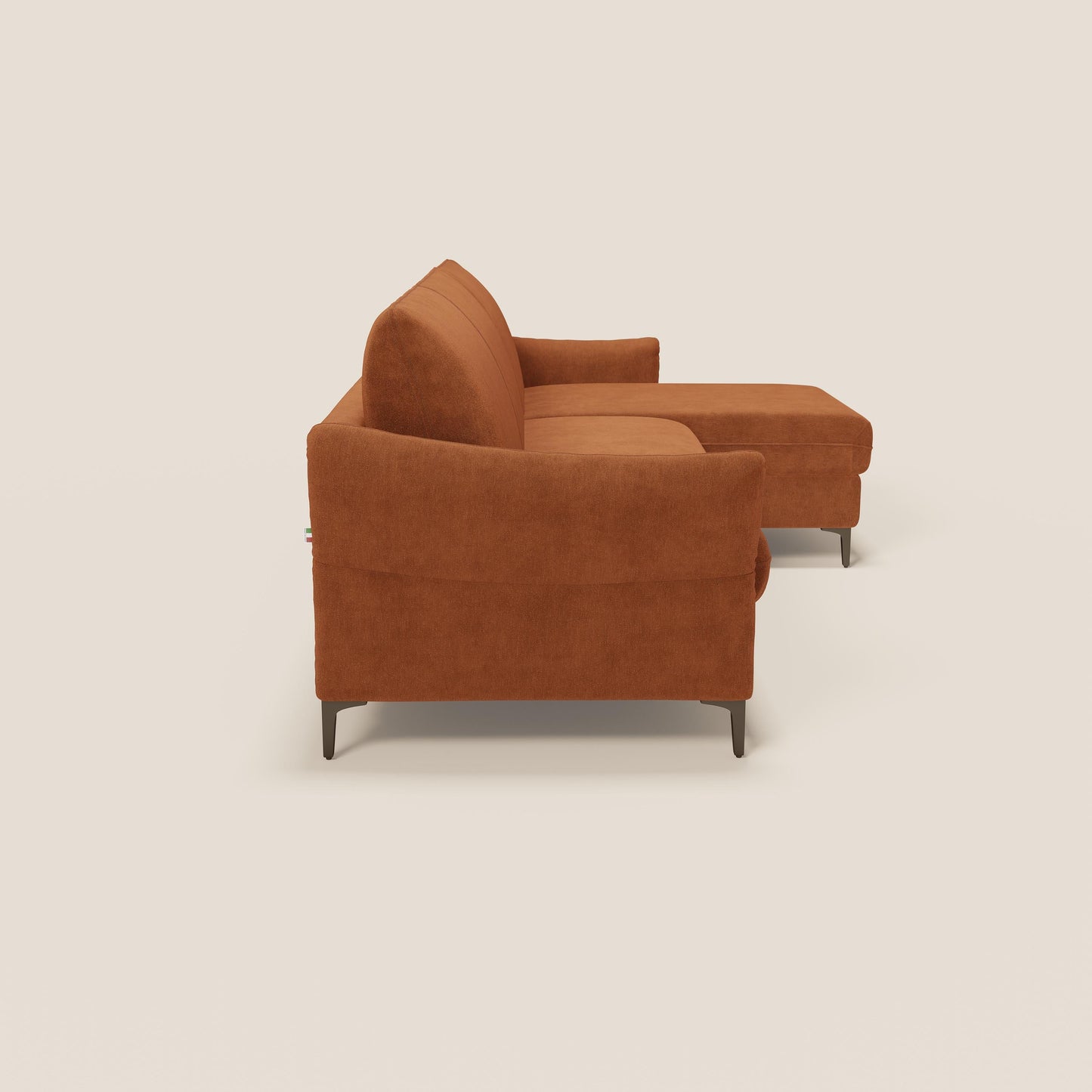 Dalia divano letto angolare con materasso alto 18 cm piedini alti e penisola contenitore in tessuto smacchiabile T17 arancio