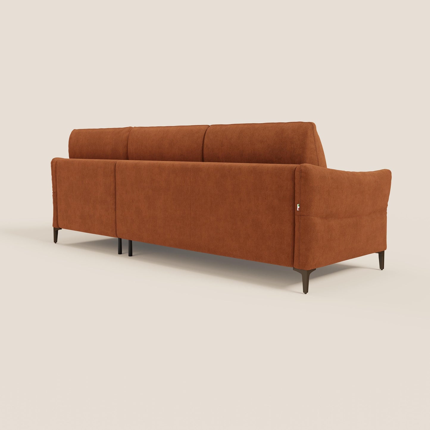 Dalia divano letto angolare con materasso alto 18 cm piedini alti e penisola contenitore in tessuto smacchiabile T17 arancio