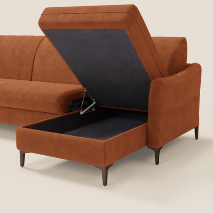 Dalia divano letto angolare con materasso alto 18 cm piedini alti e penisola contenitore in tessuto smacchiabile T17 arancio