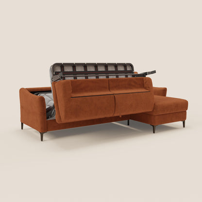 Dalia divano letto angolare con materasso alto 18 cm piedini alti e penisola contenitore in tessuto smacchiabile T17 arancio