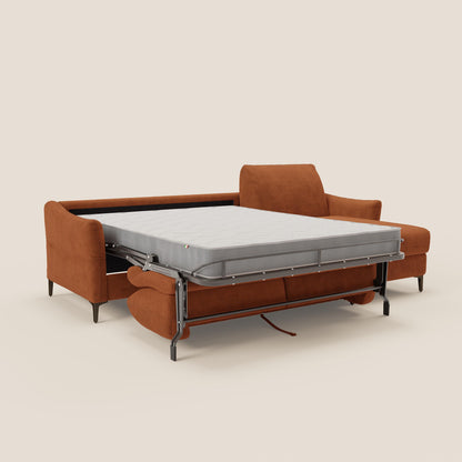 Dalia divano letto angolare con materasso alto 18 cm piedini alti e penisola contenitore in tessuto smacchiabile T17 arancio