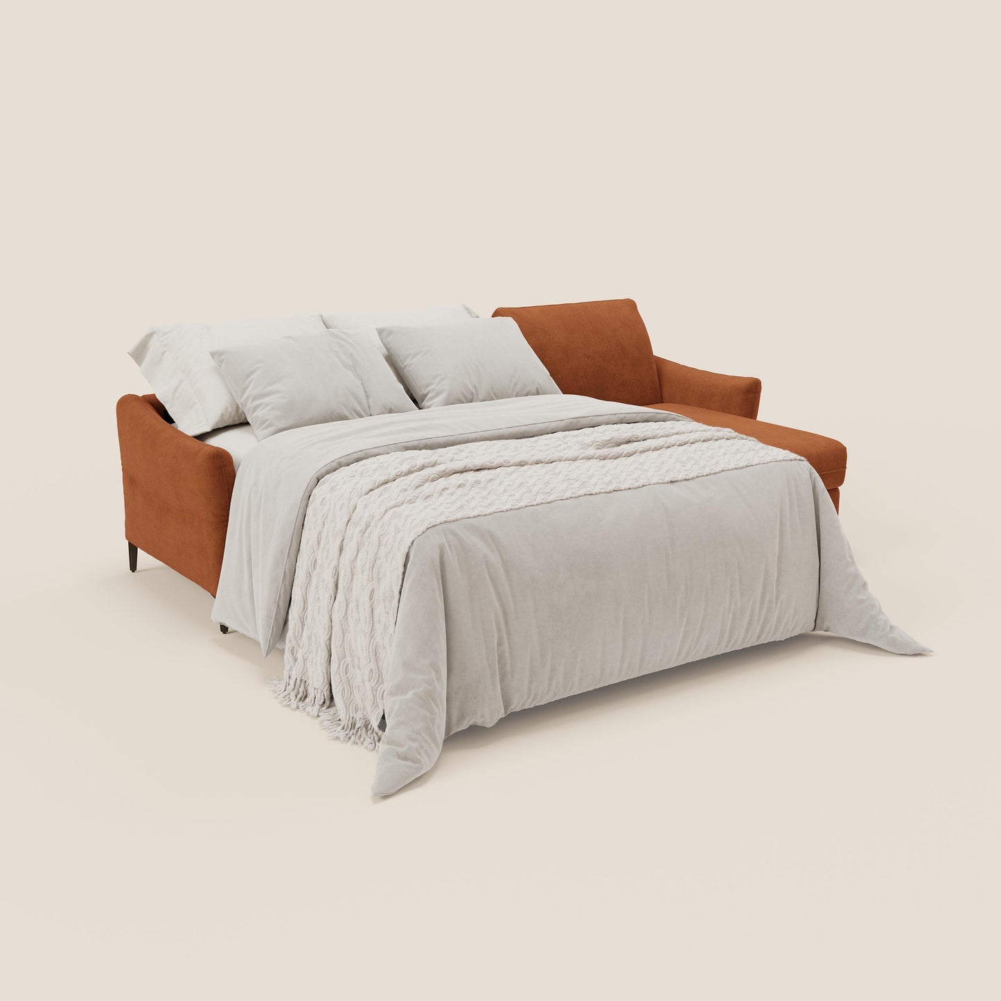 Dalia divano letto angolare con materasso alto 18 cm piedini alti e penisola contenitore in tessuto smacchiabile T17 arancio