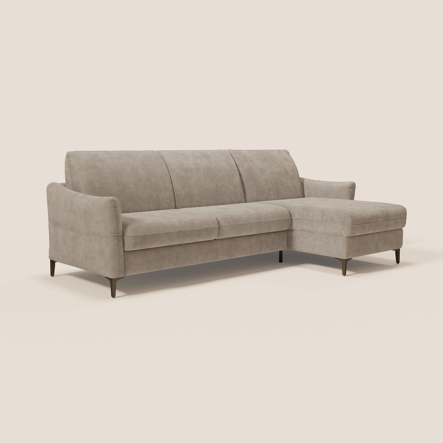 Dalia divano letto angolare con materasso alto 18 cm piedini alti e penisola contenitore in tessuto smacchiabile T17 beige