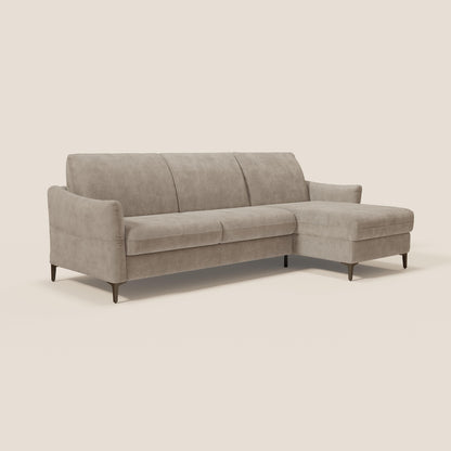 Dalia divano letto angolare con materasso alto 18 cm piedini alti e penisola contenitore in tessuto smacchiabile T17 beige