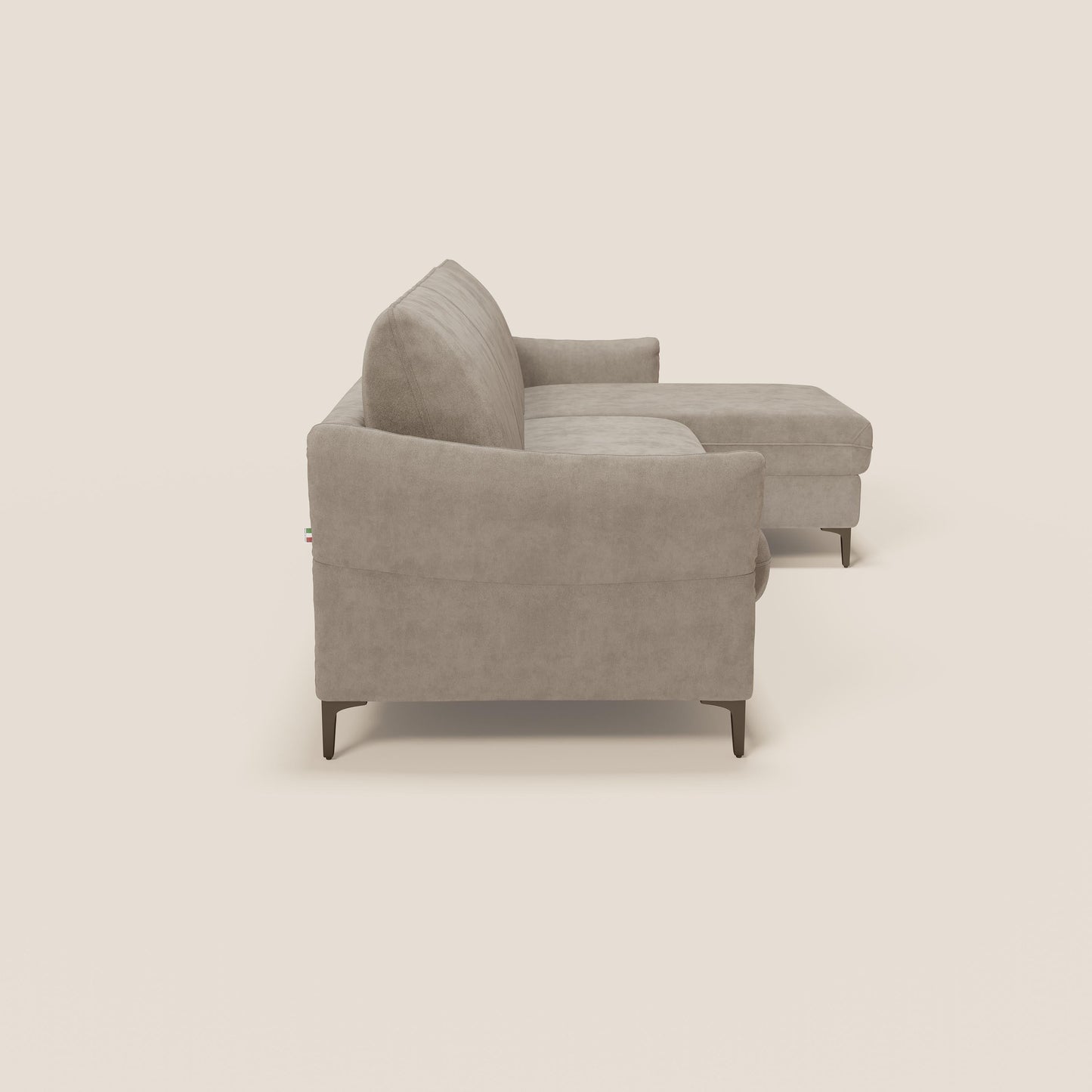 Dalia divano letto angolare con materasso alto 18 cm piedini alti e penisola contenitore in tessuto smacchiabile T17 beige