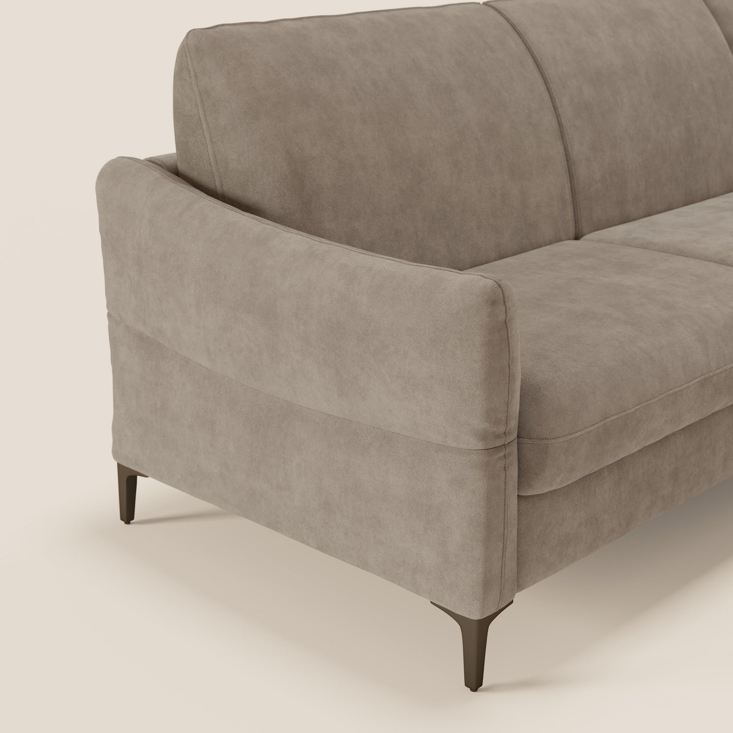 Dalia divano letto angolare con materasso alto 18 cm piedini alti e penisola contenitore in tessuto smacchiabile T17 beige