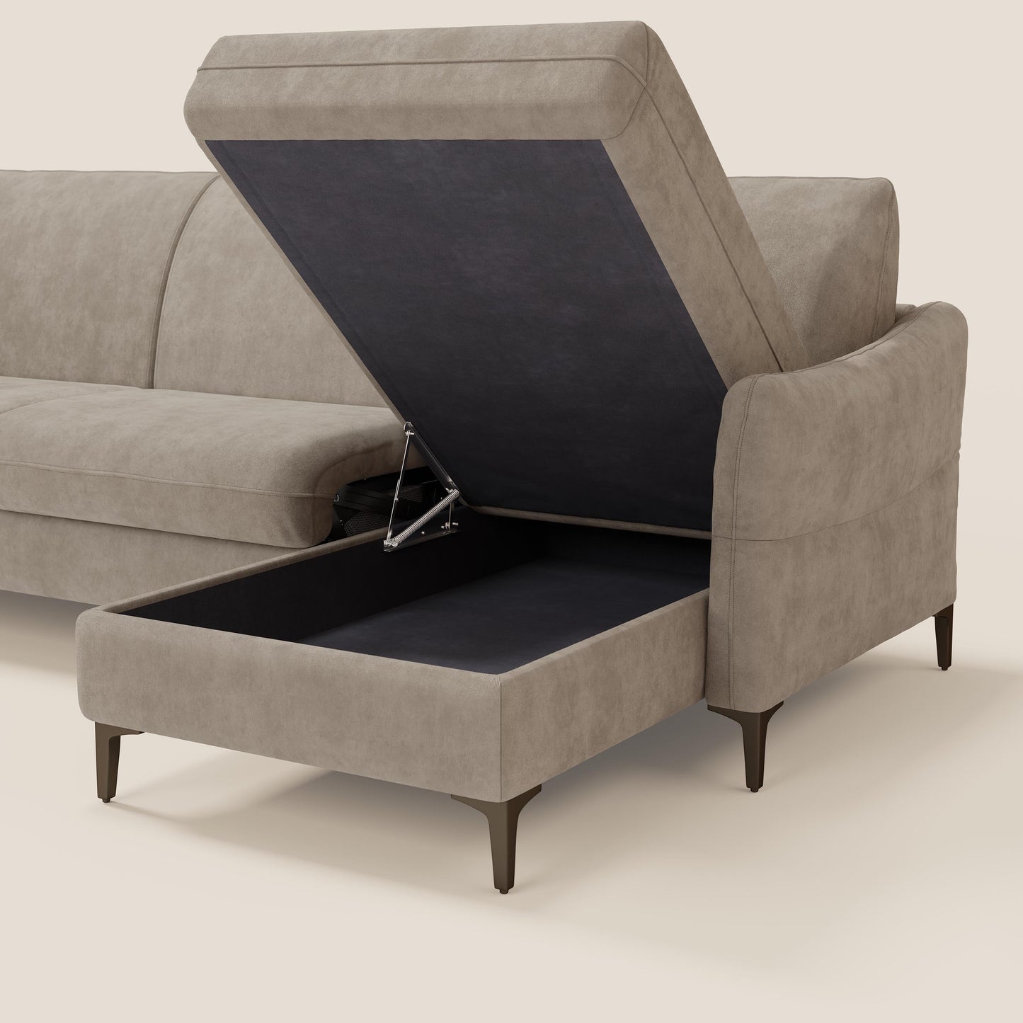 Dalia divano letto angolare con materasso alto 18 cm piedini alti e penisola contenitore in tessuto smacchiabile T17 beige