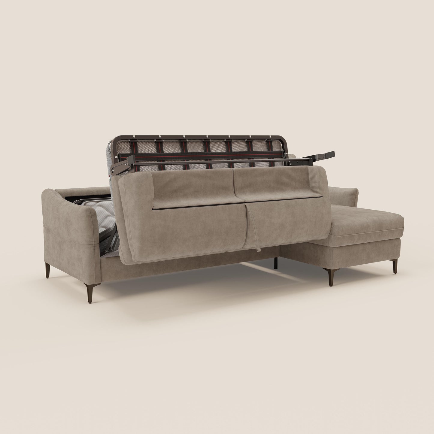 Dalia divano letto angolare con materasso alto 18 cm piedini alti e penisola contenitore in tessuto smacchiabile T17 beige