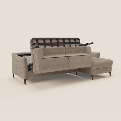 Dalia divano letto angolare con materasso alto 18 cm piedini alti e penisola contenitore in tessuto smacchiabile T17 beige
