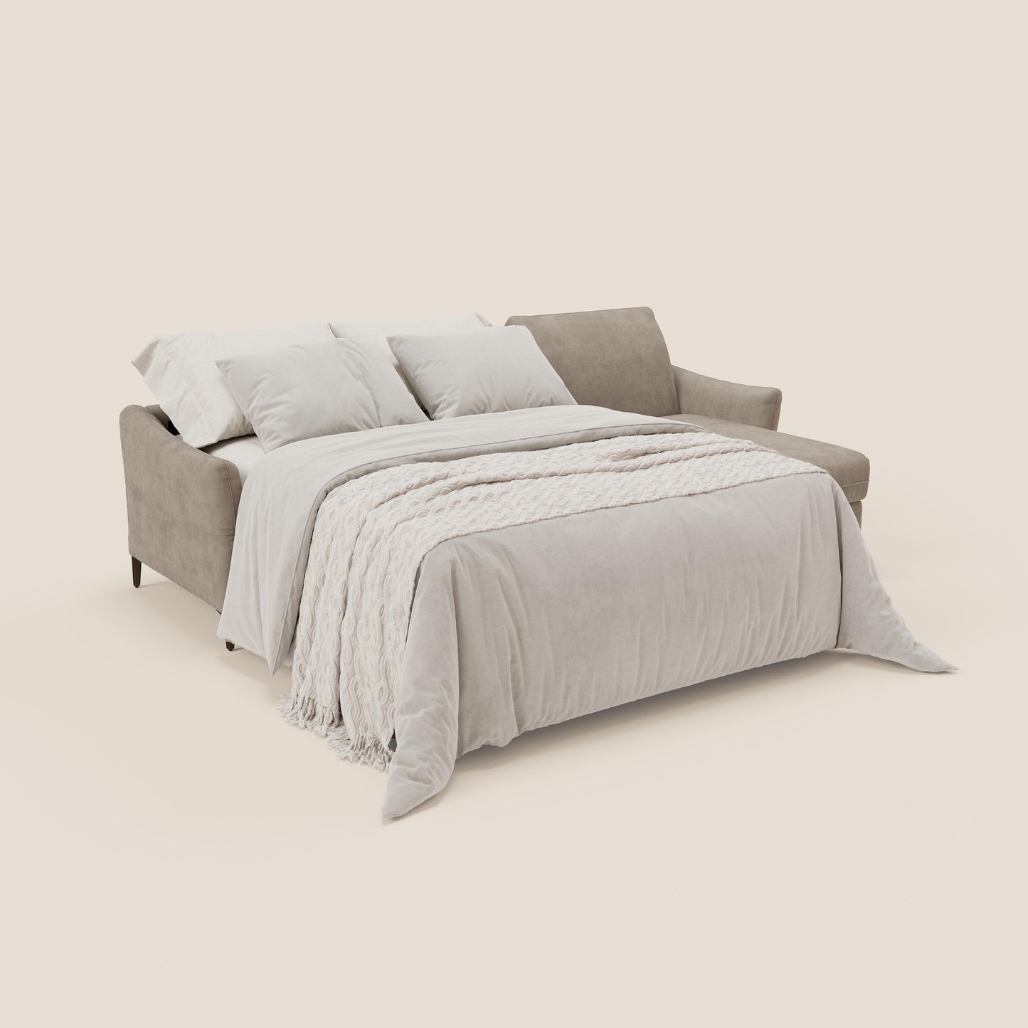 Dalia divano letto angolare con materasso alto 18 cm piedini alti e penisola contenitore in tessuto smacchiabile T17 beige