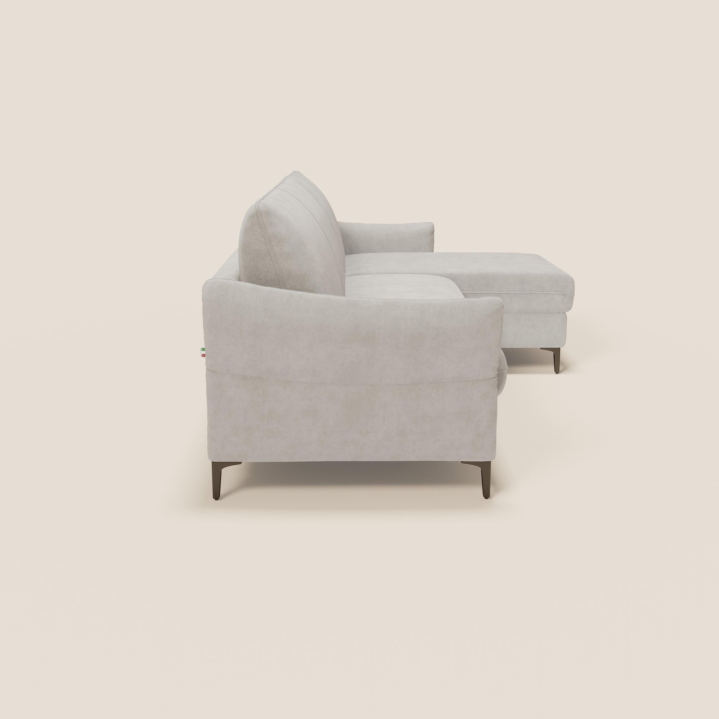 Dalia divano letto angolare con materasso alto 18 cm piedini alti e penisola contenitore in tessuto smacchiabile T17 bianco