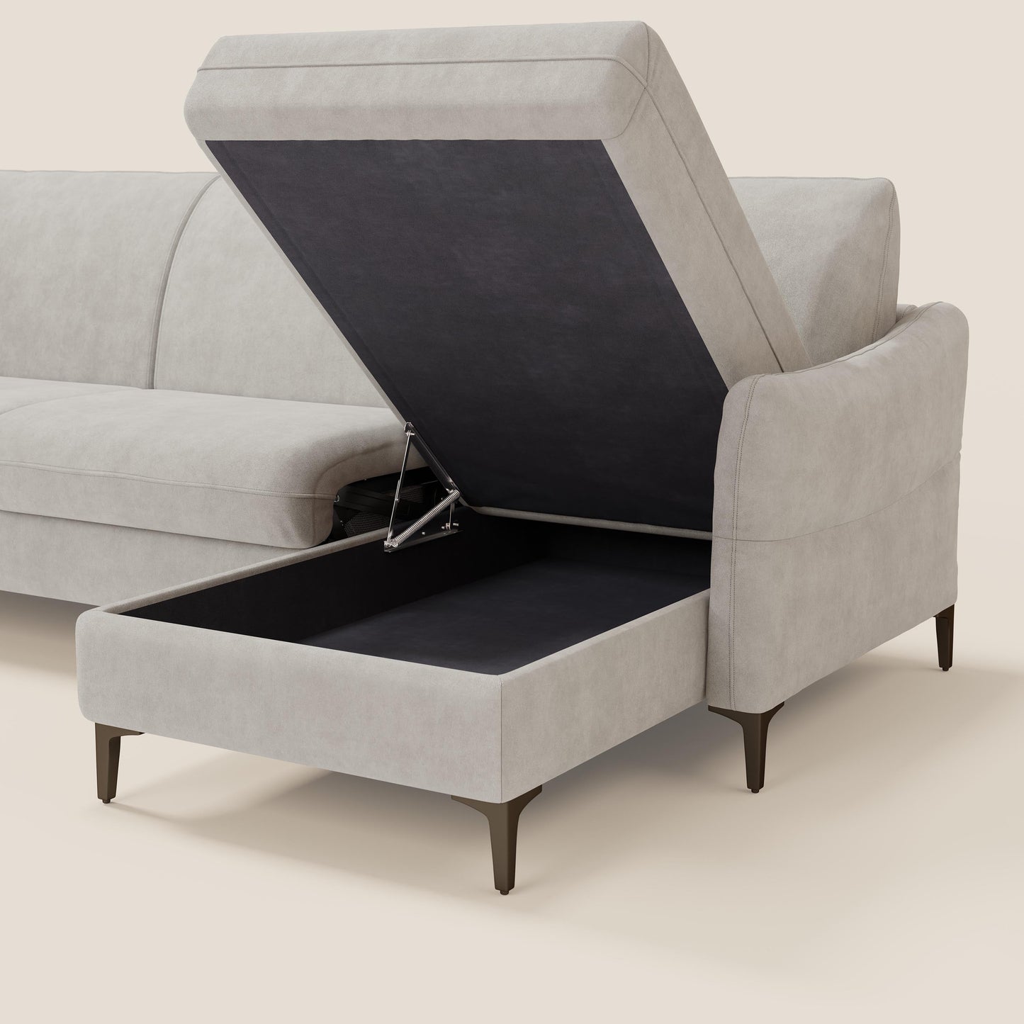 Dalia divano letto angolare con materasso alto 18 cm piedini alti e penisola contenitore in tessuto smacchiabile T17 bianco