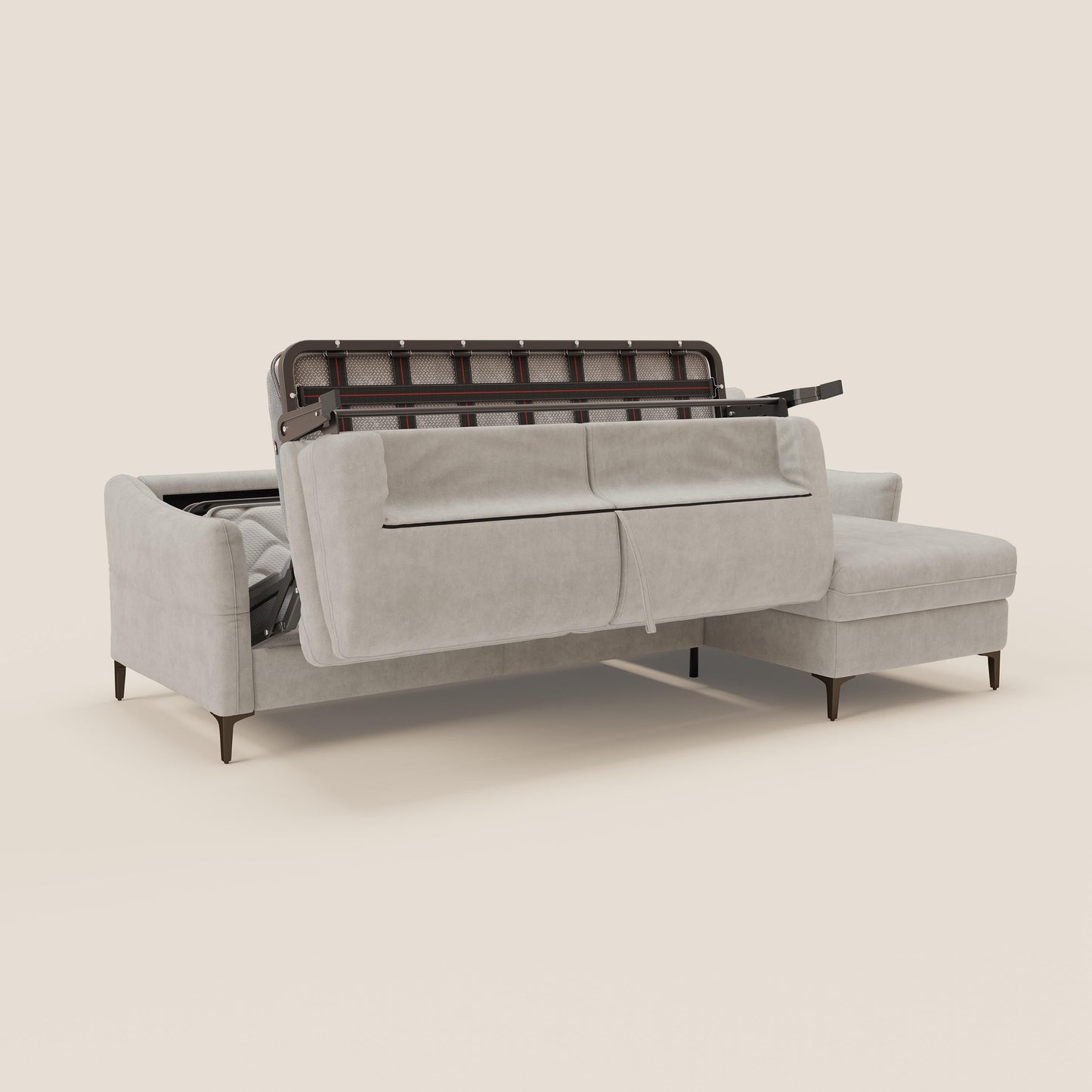 Dalia divano letto angolare con materasso alto 18 cm piedini alti e penisola contenitore in tessuto smacchiabile T17 bianco