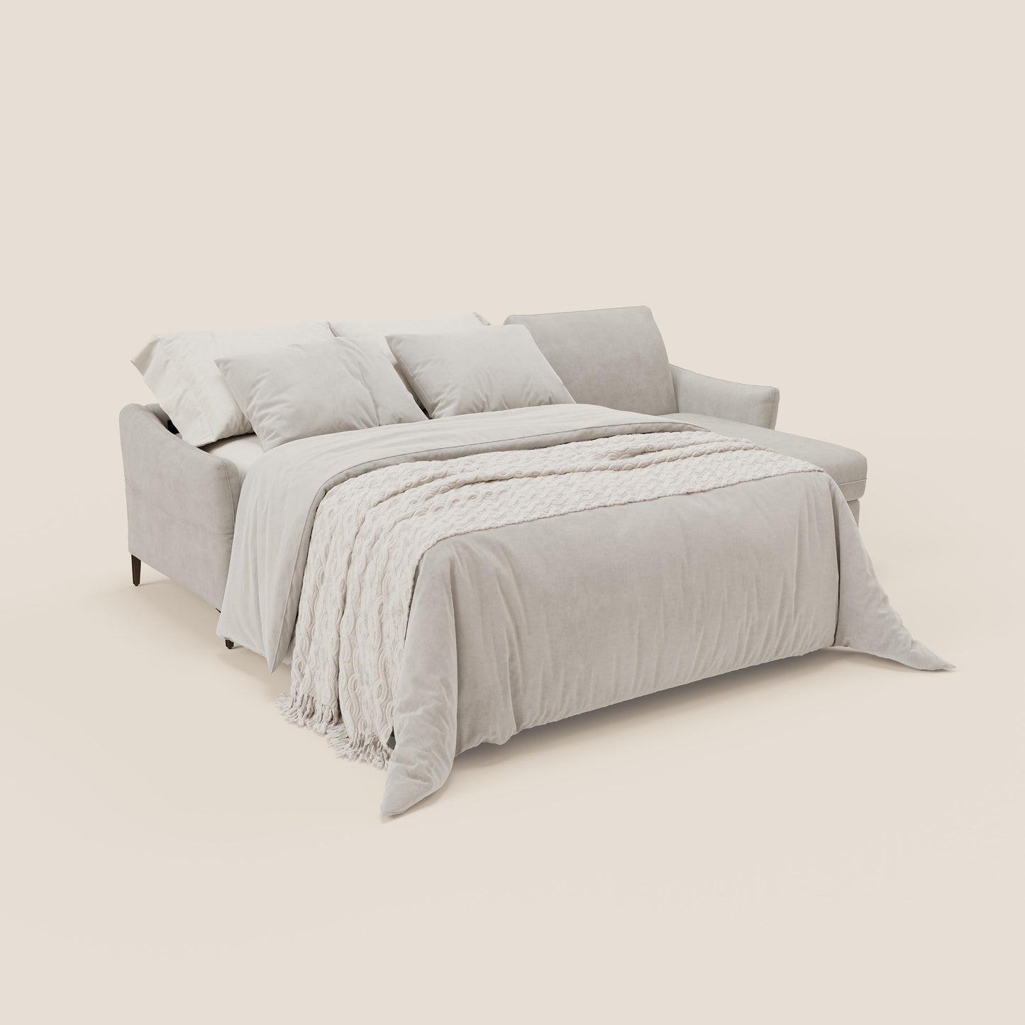 Dalia divano letto angolare con materasso alto 18 cm piedini alti e penisola contenitore in tessuto smacchiabile T17 bianco