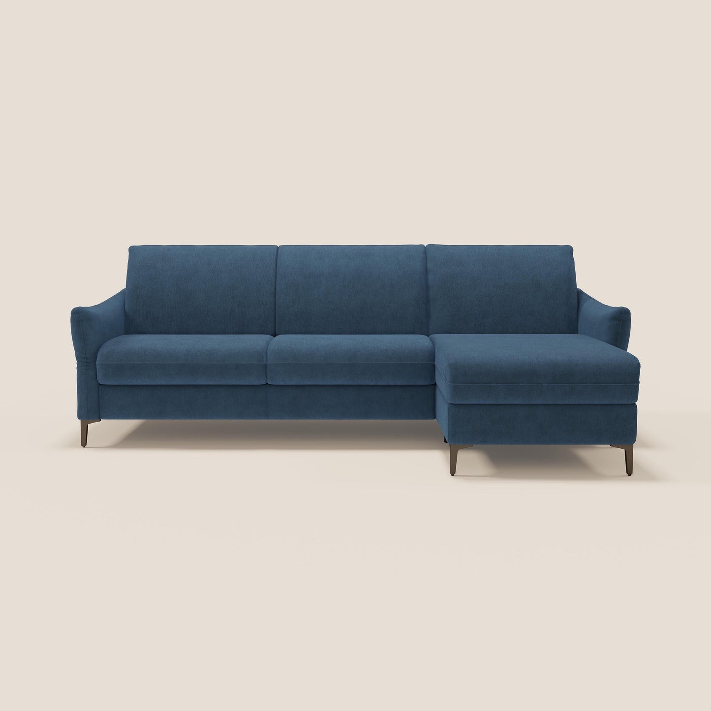 Dalia divano letto angolare con materasso alto 18 cm piedini alti e penisola contenitore in tessuto smacchiabile T17 blu