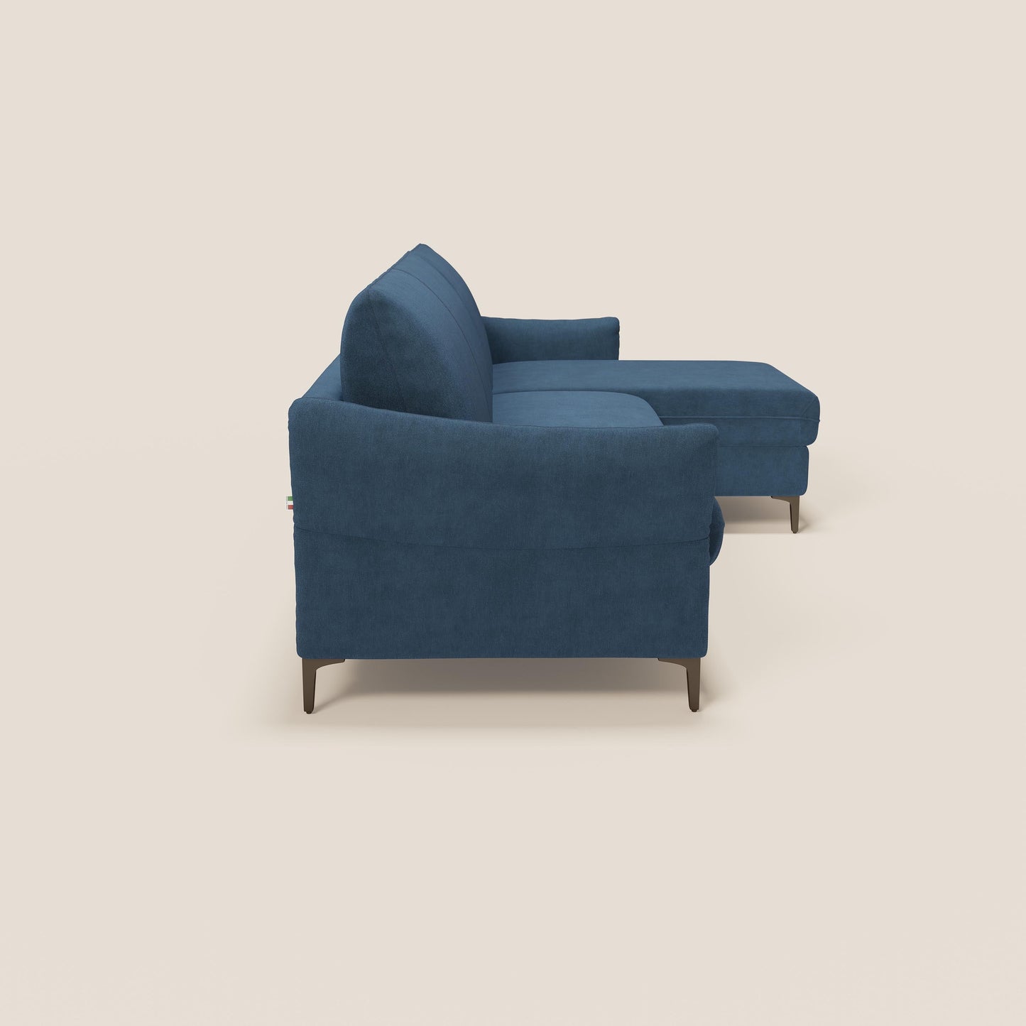 Dalia divano letto angolare con materasso alto 18 cm piedini alti e penisola contenitore in tessuto smacchiabile T17 blu