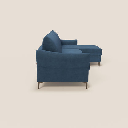 Dalia divano letto angolare con materasso alto 18 cm piedini alti e penisola contenitore in tessuto smacchiabile T17 blu