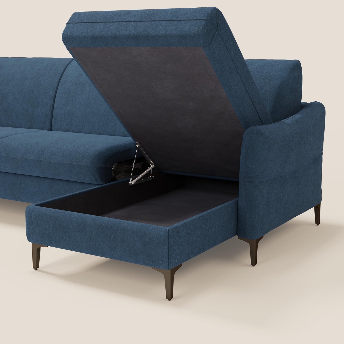 Dalia divano letto angolare con materasso alto 18 cm piedini alti e penisola contenitore in tessuto smacchiabile T17 blu
