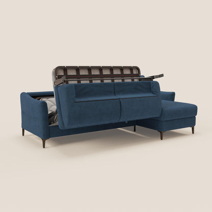 Dalia divano letto angolare con materasso alto 18 cm piedini alti e penisola contenitore in tessuto smacchiabile T17 blu