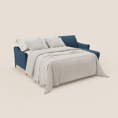 Dalia divano letto angolare con materasso alto 18 cm piedini alti e penisola contenitore in tessuto smacchiabile T17 blu