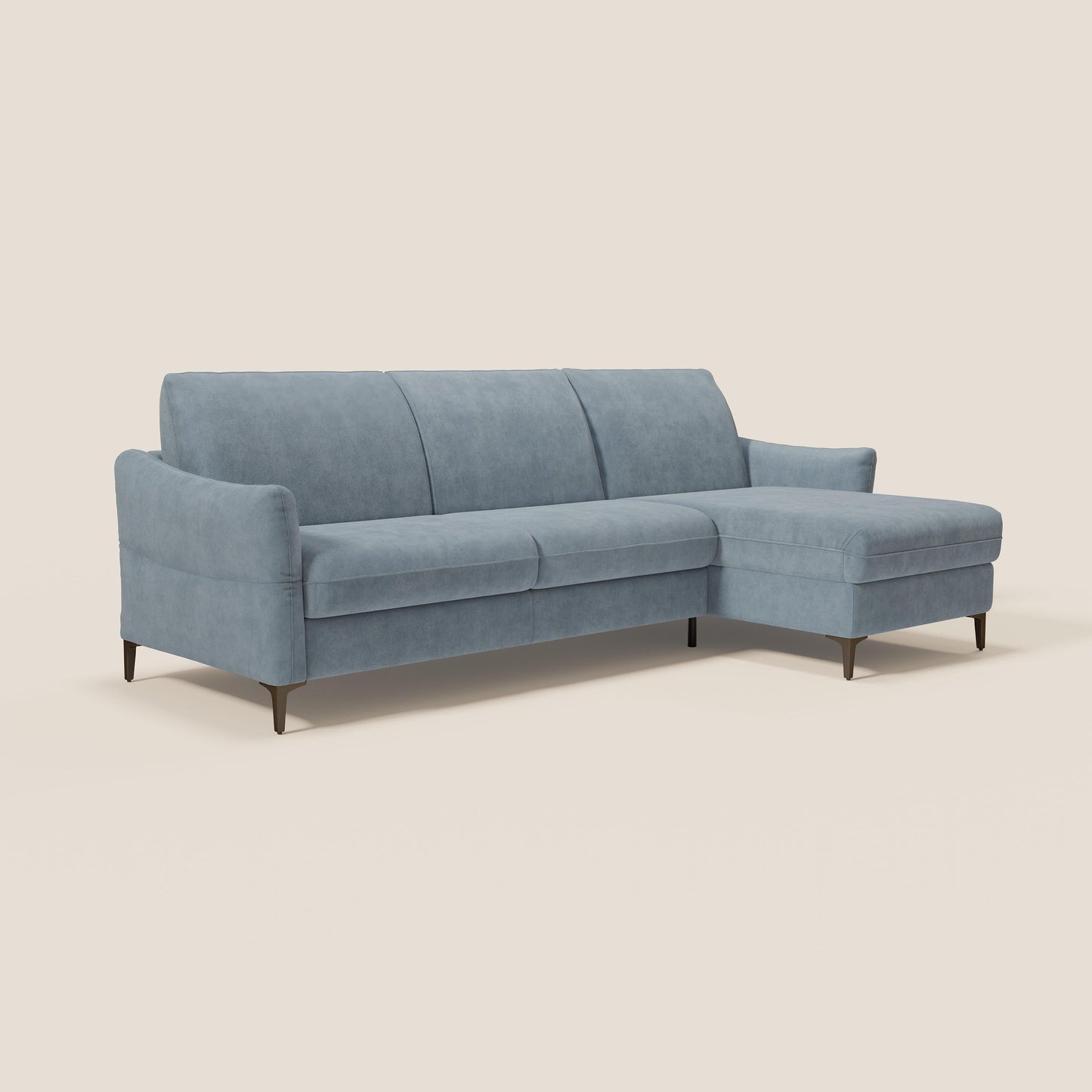 Dalia divano letto angolare con materasso alto 18 cm piedini alti e penisola contenitore in tessuto smacchiabile T17 carta da zucchero