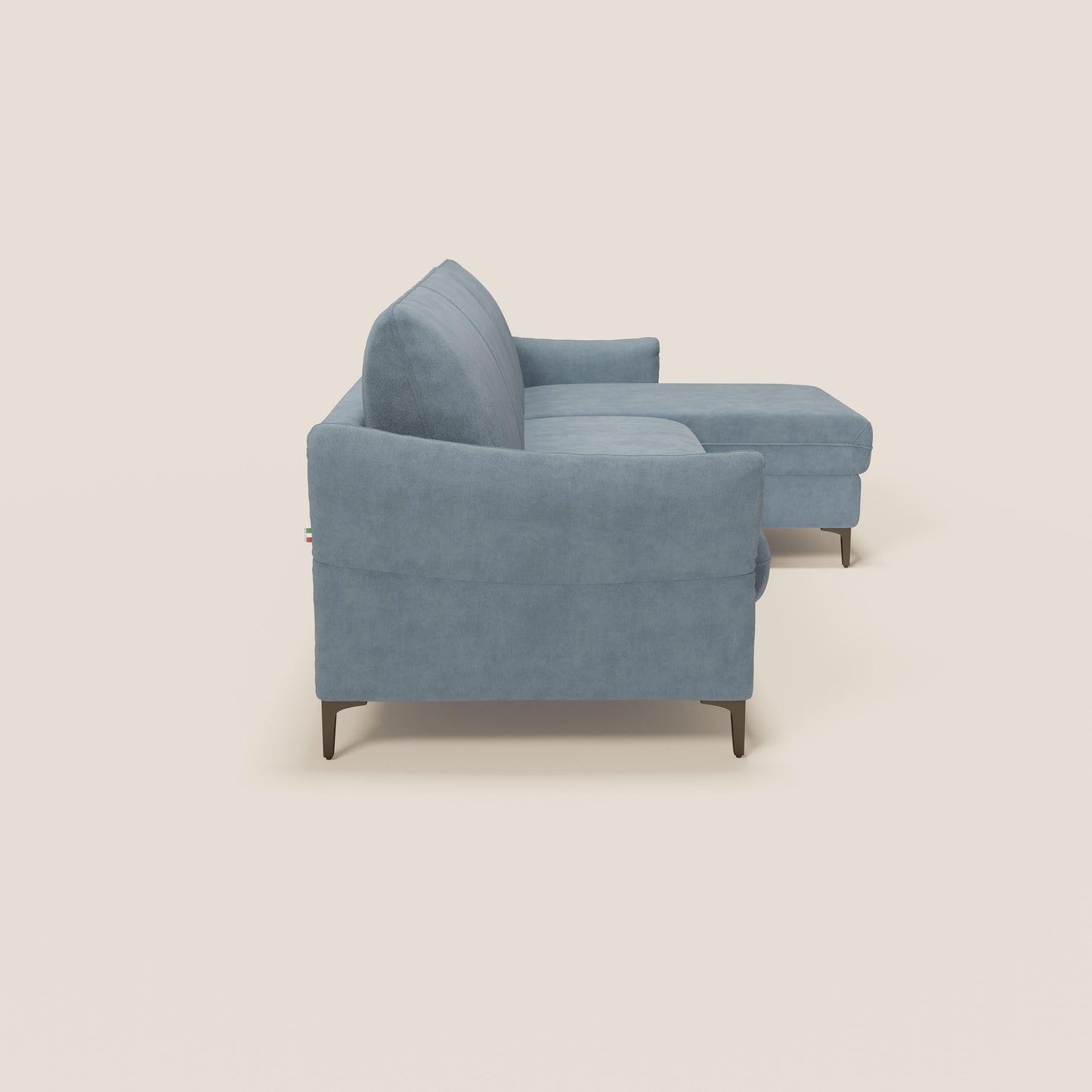 Dalia divano letto angolare con materasso alto 18 cm piedini alti e penisola contenitore in tessuto smacchiabile T17 carta da zucchero