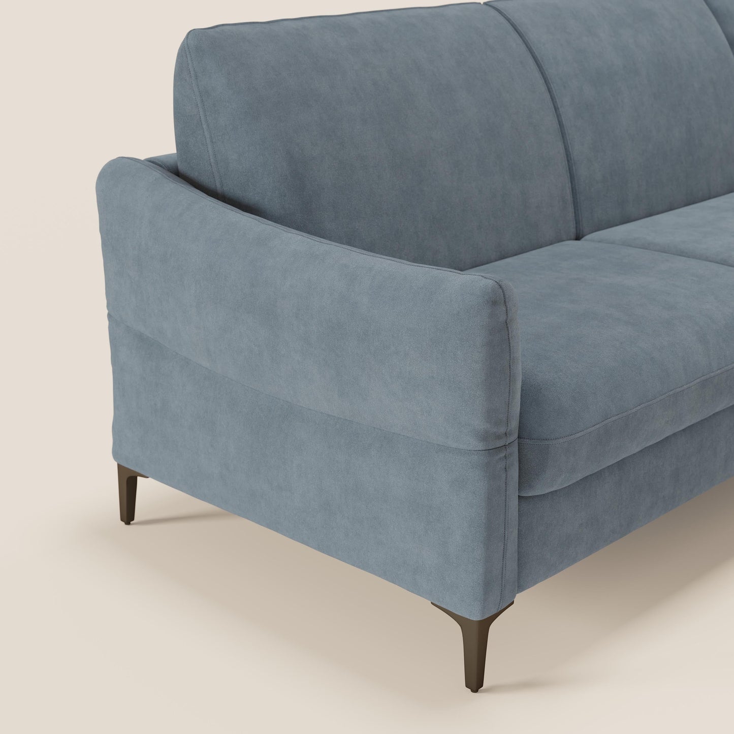 Dalia divano letto angolare con materasso alto 18 cm piedini alti e penisola contenitore in tessuto smacchiabile T17 carta da zucchero