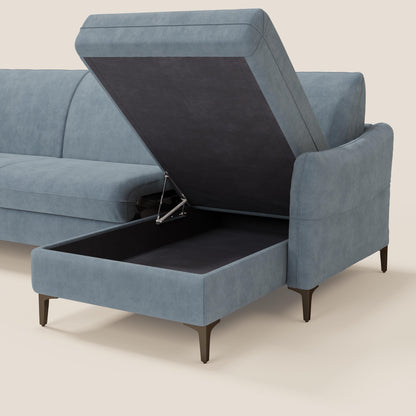 Dalia divano letto angolare con materasso alto 18 cm piedini alti e penisola contenitore in tessuto smacchiabile T17 carta da zucchero