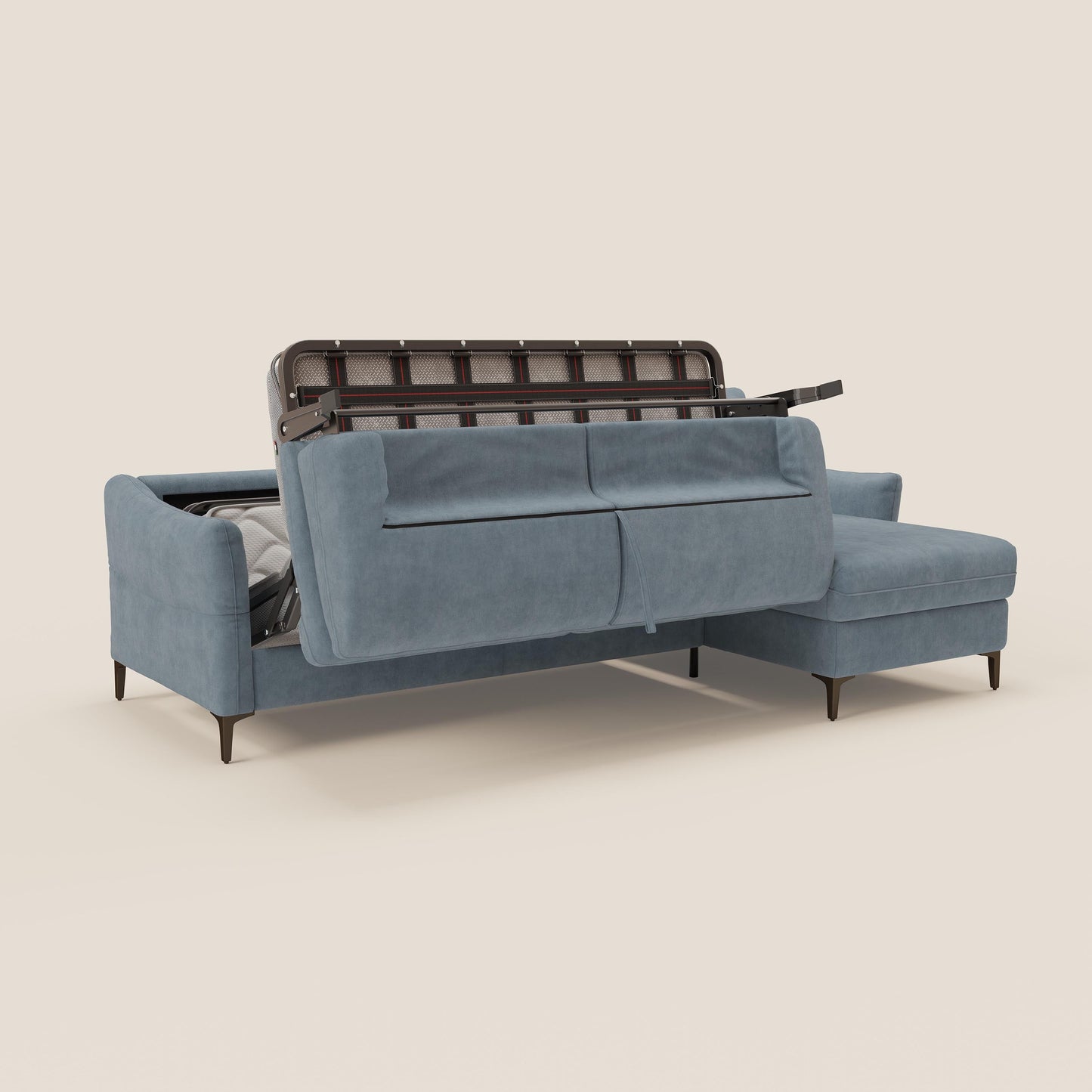 Dalia divano letto angolare con materasso alto 18 cm piedini alti e penisola contenitore in tessuto smacchiabile T17 carta da zucchero